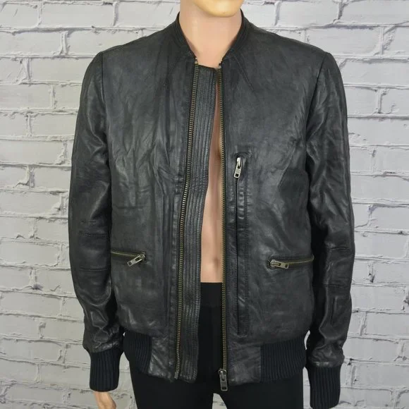 Mens All Saints Leather Bomber Jacket Motorcycle cafe racer Jacket size 43
